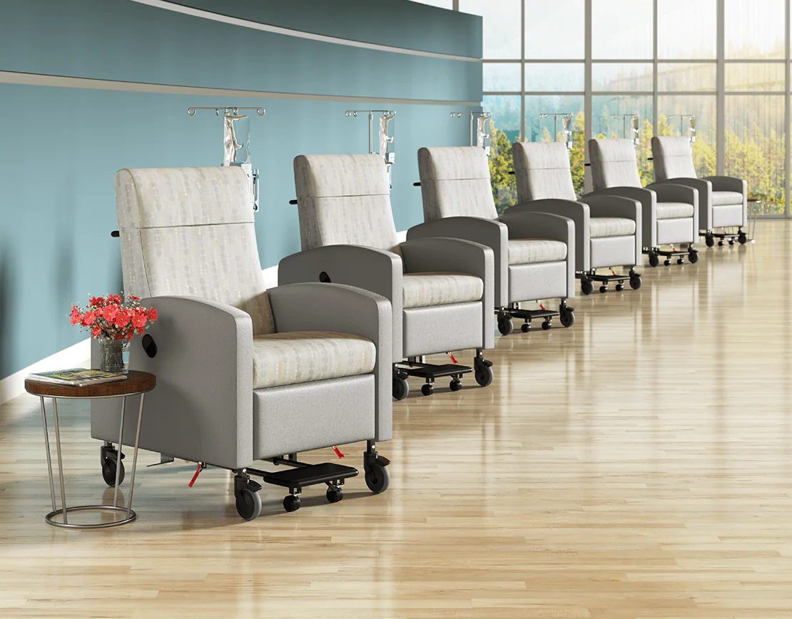 5” independent locking casters and fixed front casters provide stable steering. 180° swing arms allow barrier-free patient transfer while innovative foot-operated latches and controls reduce strain on the caregiver.