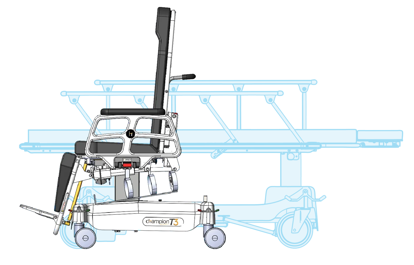 In the seated position, T-Series Procedure Chairs require half the space of a traditional stretcher and are easy to navigate through hallways, elevators and other close quarters. Plus, the small footprint frees-up floor space so additional units can be stored more efficiently.