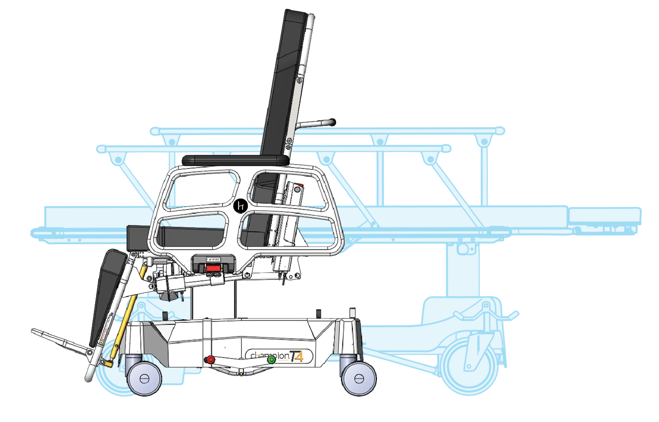 In the seated position, Champion T-Series Procedure Chairs require half the space of a traditional stretcher and are easy to navigate through hallways, elevators and other close quarters. Plus, the small footprint frees-up floor space so additional units can be stored more efficiently.