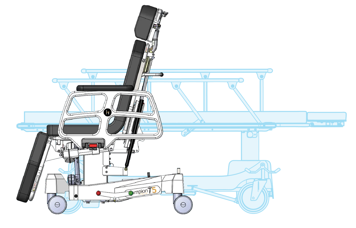 In the seated position, Champion's T-Series Procedure Chairs require half the space of a traditional stretcher and are easy to navigate through hallways, elevators and other close quarters. Plus, the small footprint frees-up floor space so additional units can be stored more efficiently.