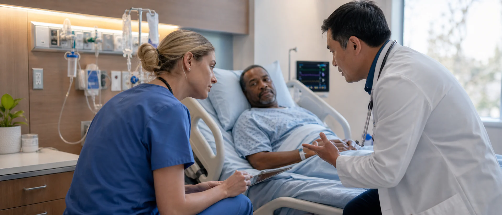 Nurse and physician confer beside an inpatient bed during reassessment and care coordination.