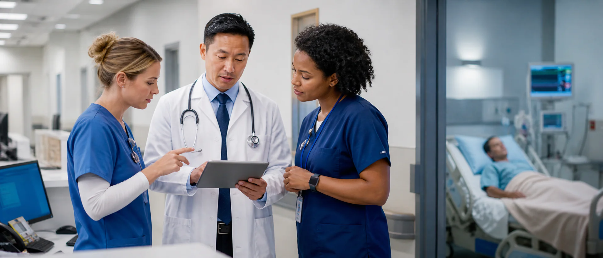 Nurse, physician, and clinician review patient information during an inpatient escalation discussion near the unit workstation.